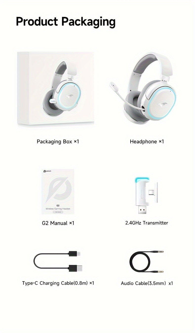 Picun Wireless Gaming Headset, 7.1 Surround Sound, 2.4Ghz USB Gaming Headphones Wireless 5.4, 100-Hr Noise Canceling Mic RGB Light, Wireless Headset for PC PS5 PS4. Birthday/Christmas Gifts for family, friends, and lovers.