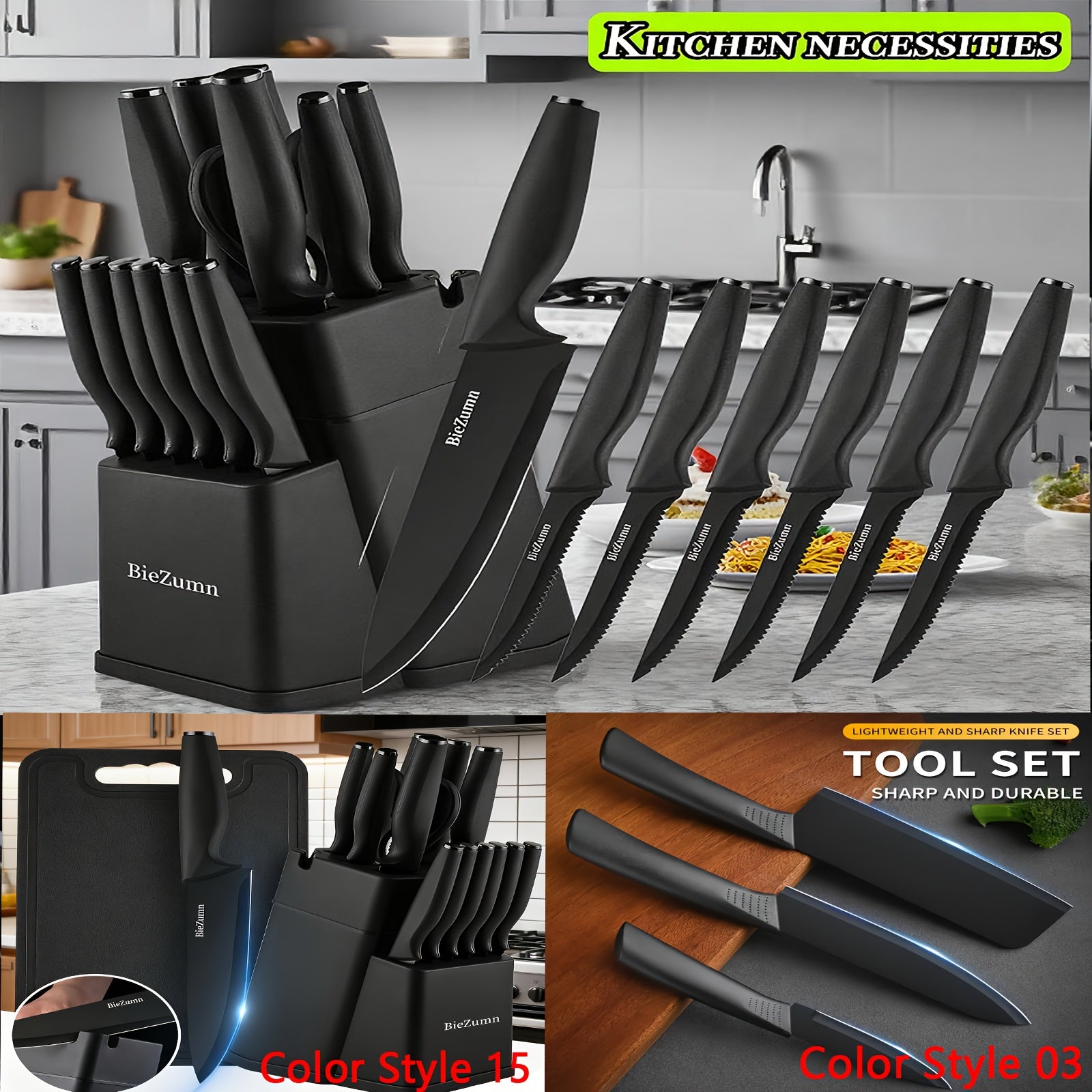 This Set of Black Stainless Steel Kitchen Utensils, Which Is 3/15 of The Total, Comes with a Built-In Sharpening Block And Is Dishwasher Safe. It Includes a Chef'S Knife, a Peeler, a Utility Knife, And More