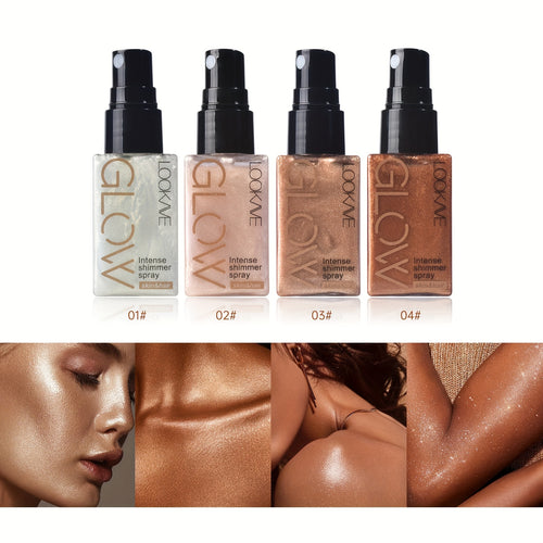 Glowing Highlighter Face & Body Powder – Luminous Shimmer Spray with Liquid Formula, Medium Coverage Instant Radiance for Eyes, Neck & Lips, Long-Lasting Body Glow (1.01oz)