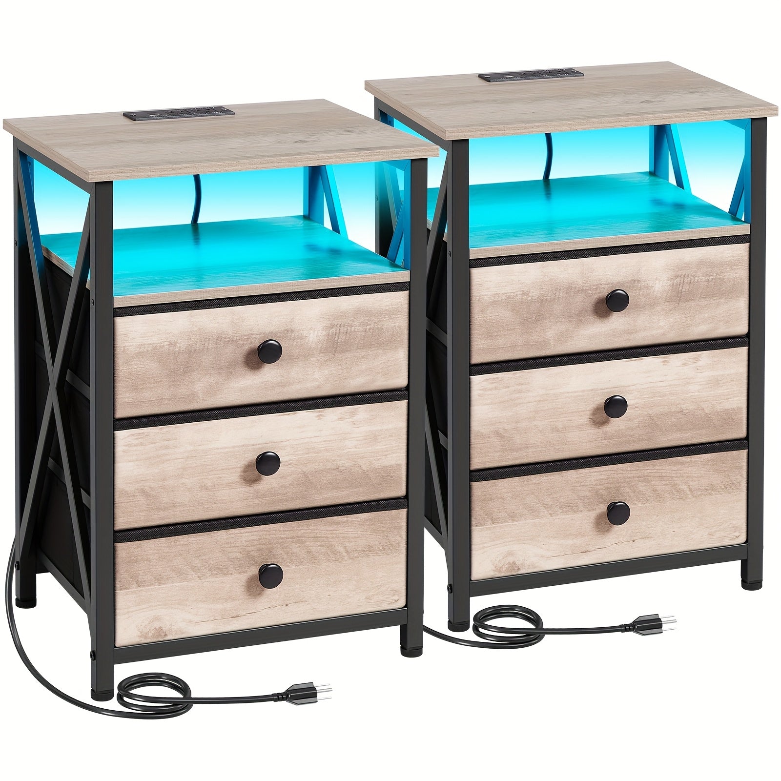 LED Nightstand with Charging Station & Fabric Drawers – Modern Bedside Table End Table for Bedroom Living Room, Better Storage (1pc or 2pcs Set)