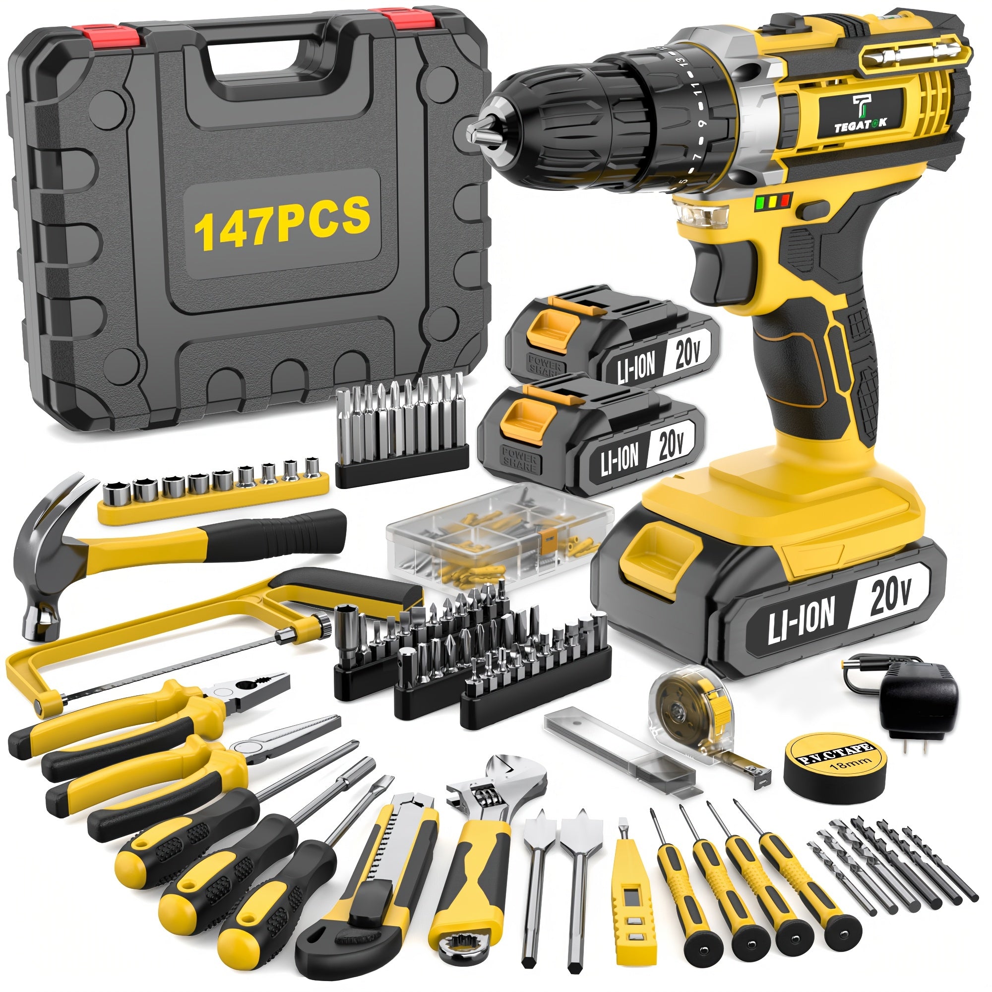 20V Cordless Drill Tool Set with Speed & Torque Adjustment – 2-in-1 Drill & Electric Screwdriver for Home Improvement, Industrial Use, Concrete Walls, Wood & Metal Drilling and Screw Tightening