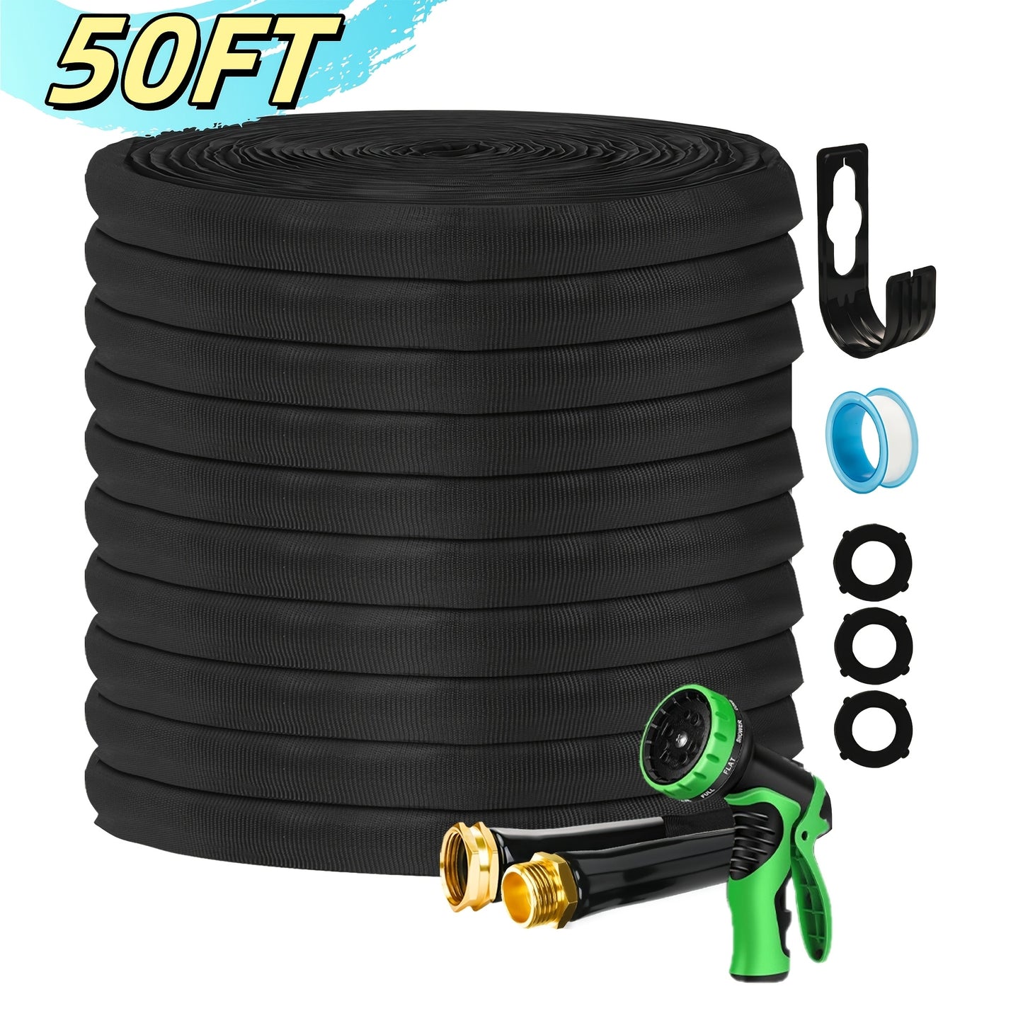 Commercial Grade Flexible Garden Hose Kink-Free with 10-Function Nozzle & 3/4" Aluminum Fittings - Leakproof Lightweight Water Hose for Yard, Lawn, RV, Boat & Camping, Includes Gaskets & PTFE Tape