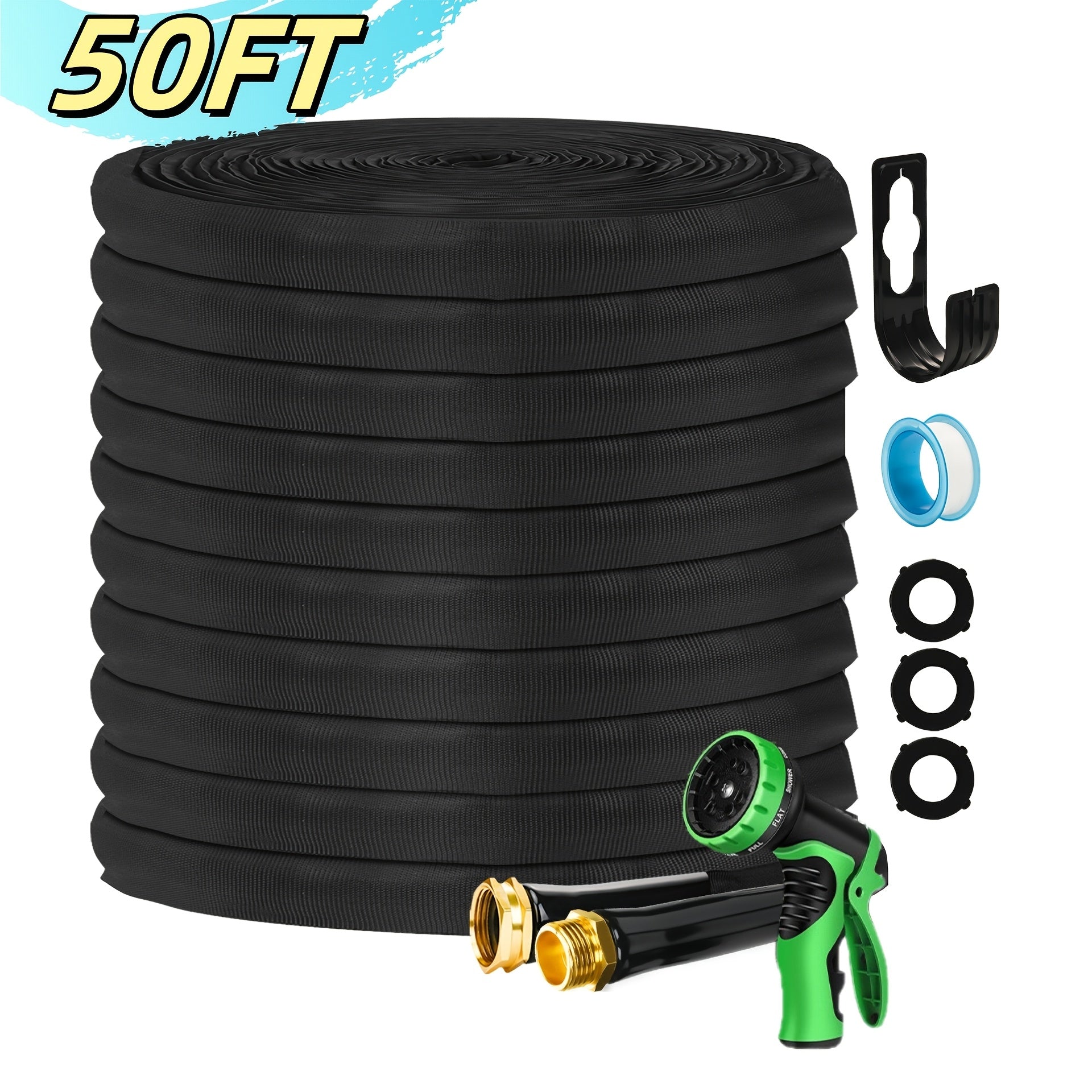 Non-Expandable Garden Hose | Commercial Grade Flexible Water Hose with 10-Function Nozzle And 3/4" Aluminum Fittings | Includes 3 Gaskets, Hook, Straight Gun Heads, And PTFE Tape, Kink-Free, Leakproof, Lightweight for Yard, Lawn, RV, Boat, Camping
