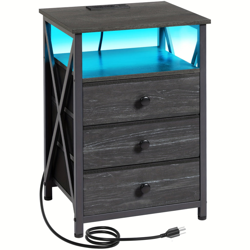 AMHANCIBLE Night Stand 1pc/2pcs, LED Nightstand With Charging Station, End Tables Living Room With Fabric Drawers, Better Storage, Bedside Table For Bedroom