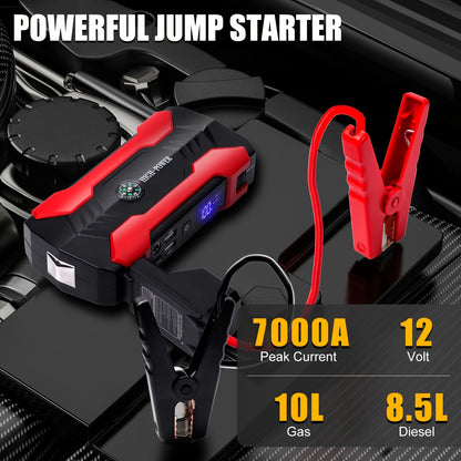 Car Jump Starter 3000A Peak 29800mAh 8-in-1 Portable Battery Booster Pack, Starts 10L Gas 8.5L Diesel, Power Bank LED Torch Safety Hammer Compass – 12V Emergency Jump Box