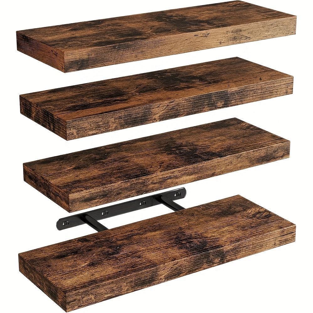 Easy Install Floating Shelves Wall Mounted, 4pcs Brown Multi-Purpose Shelf with Hidden Brackets, No Tools Needed Space Saver for Living Room, Bathroom, Kitchen Wall Decor, Utility Racks