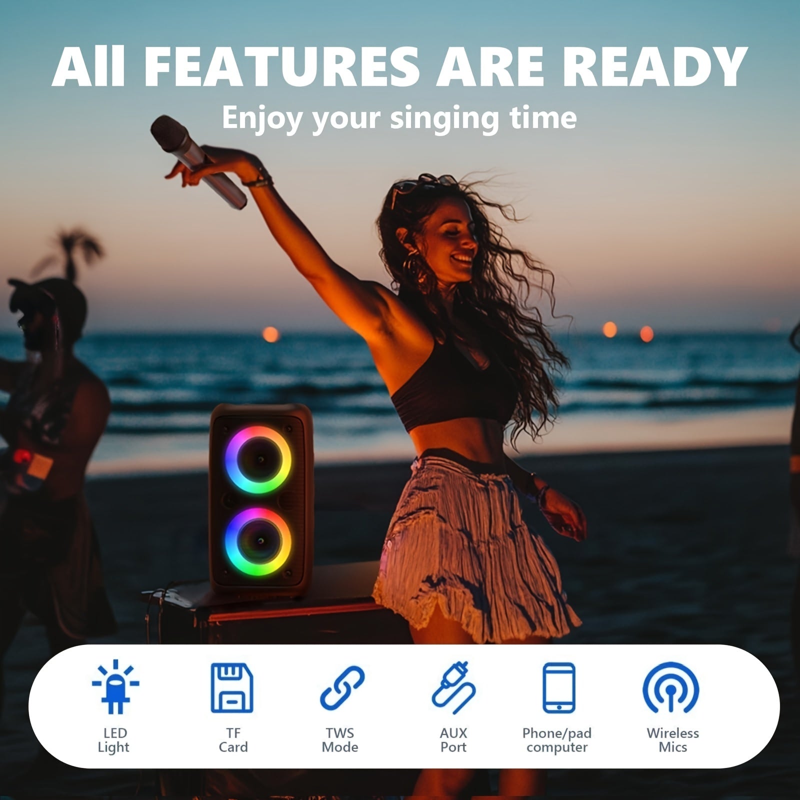 New Portable Wireless Speaker with Microphone, Large Speaker, Portable Speaker, Subwoofer, Outdoor Wireless Speaker, Party Disco Light, TWS, TF, AUX, MIC, Suitable for Parties, Birthday Gift