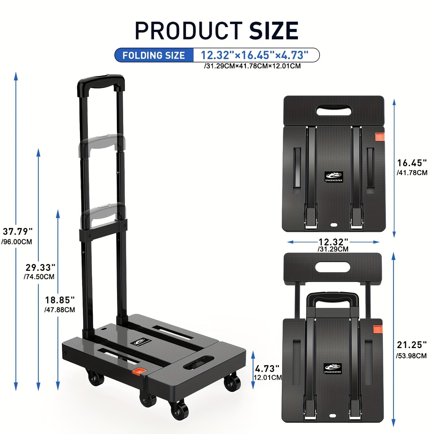 Folding Hand Truck 500 Lbs Heavy Duty, 6-Wheel Collapsible Dolly Cart with Extendable Base, Adjustable Telescoping Handle, 2 Elastic Ropes, Portable Luggage Cart for Moving Shopping Travel Industry