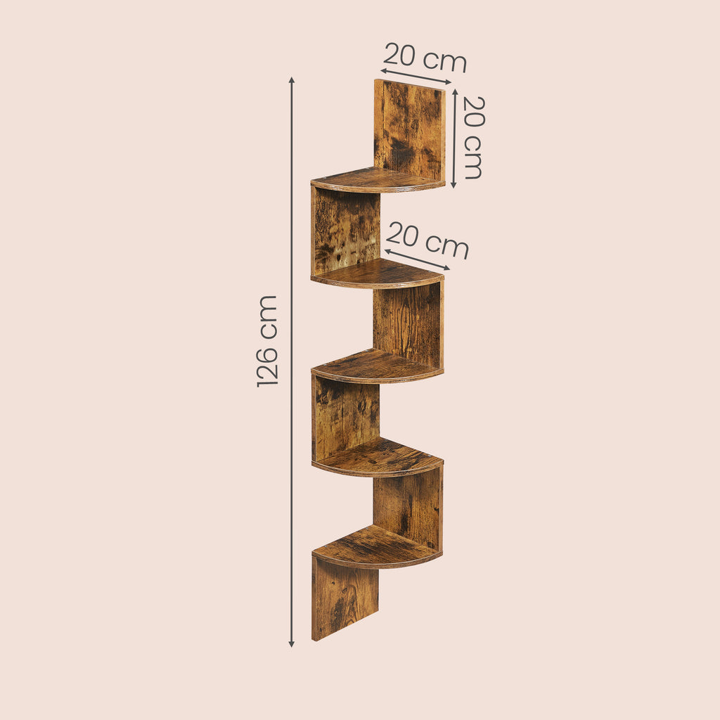 Corner Shelf, 5-Tier Floating Wall Shelf with Zigzag Design, Bookshelf, Rustic Brown