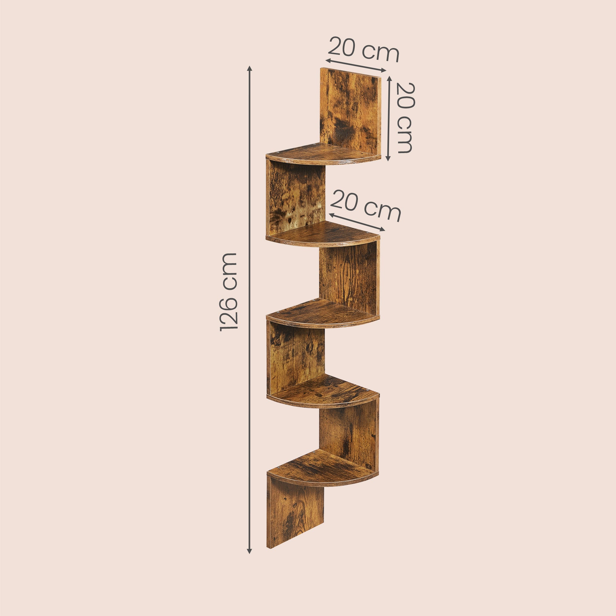 Corner Shelf, 5-Tier Floating Wall Shelf with Zigzag Design, Bookshelf, Rustic Brown
