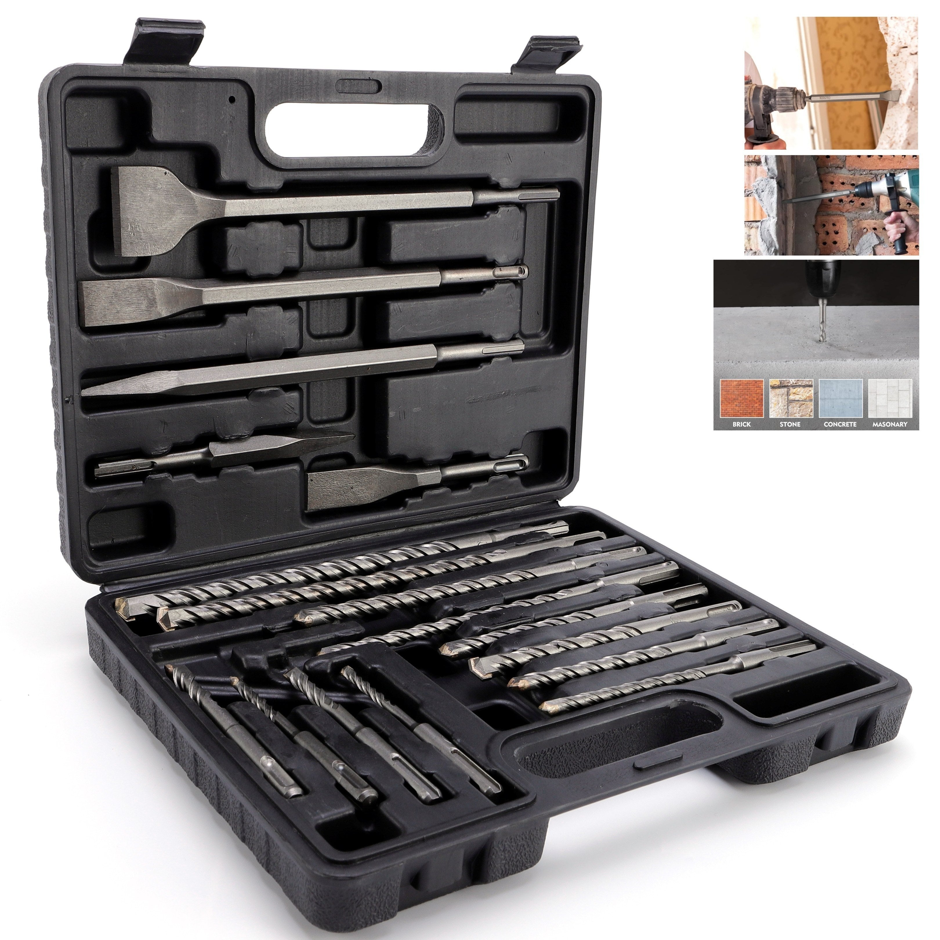17pcs SDS PULS Hammer Drill Bits and Chisel Set, SDS Plus Concrete Masonry Hole Tool Drill Bits and Chisels Set for Concrete, Stone, Brick, with Portable Storage Case