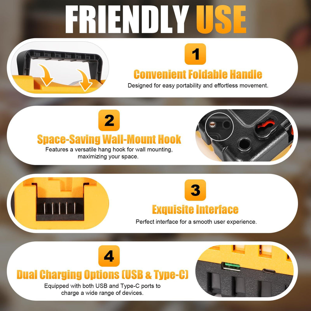 4-Port DeWalt Battery Charger Station – 12V/20V MAX Replacement for DCB104, 3A Fast Charge, USB & Type-C Ports, Wall-Mount & Portable, Compatible with DCB127 DCB200 DCB203 DCB606 & More
