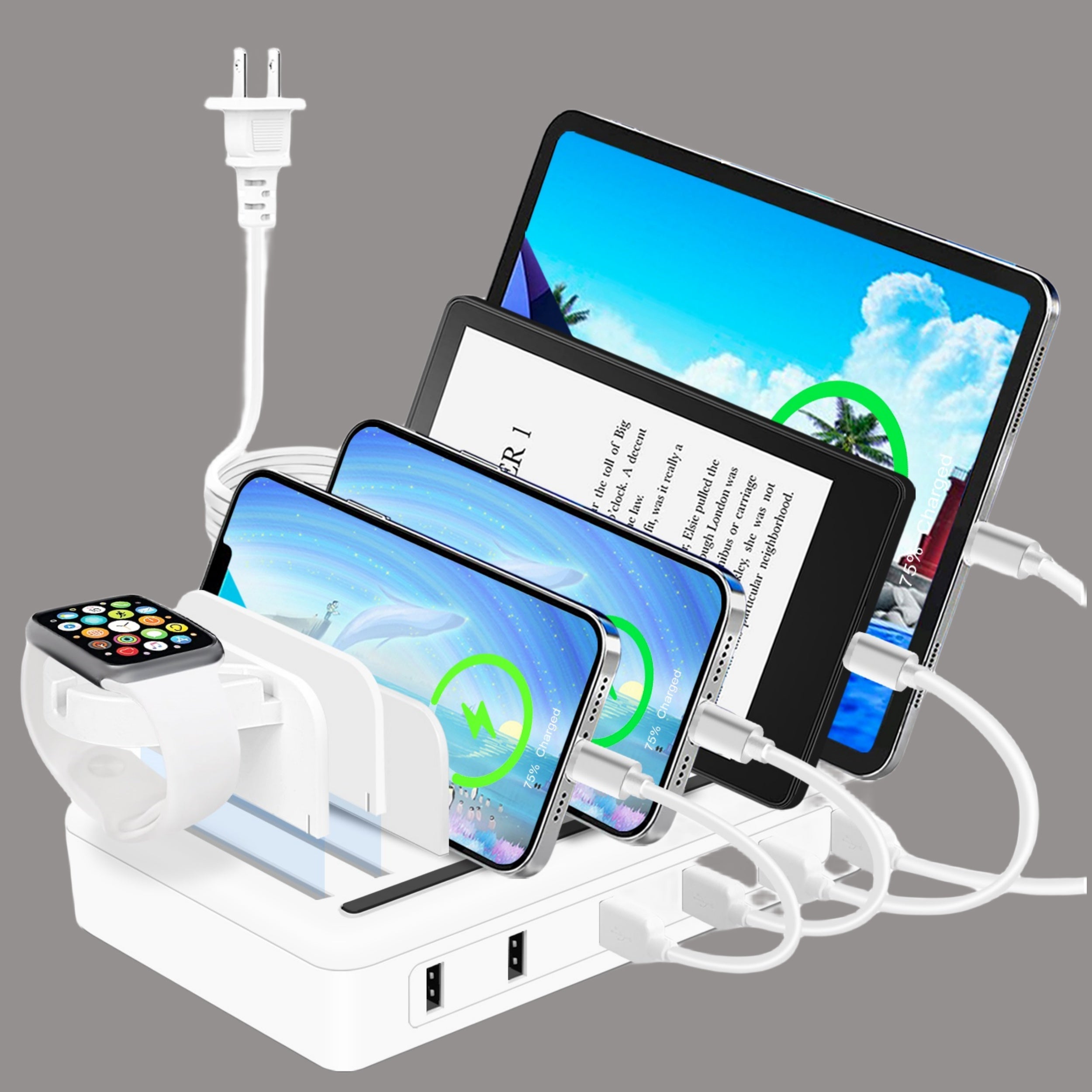 Fast Charging Station for Multiple Devices, 50W 6-Ports USB Charging Station With10-Slot, Detachable Dividers, Watch Holder, Compatible with Phone/iPad/Kindle/Tablet (6 Short Cables Included)