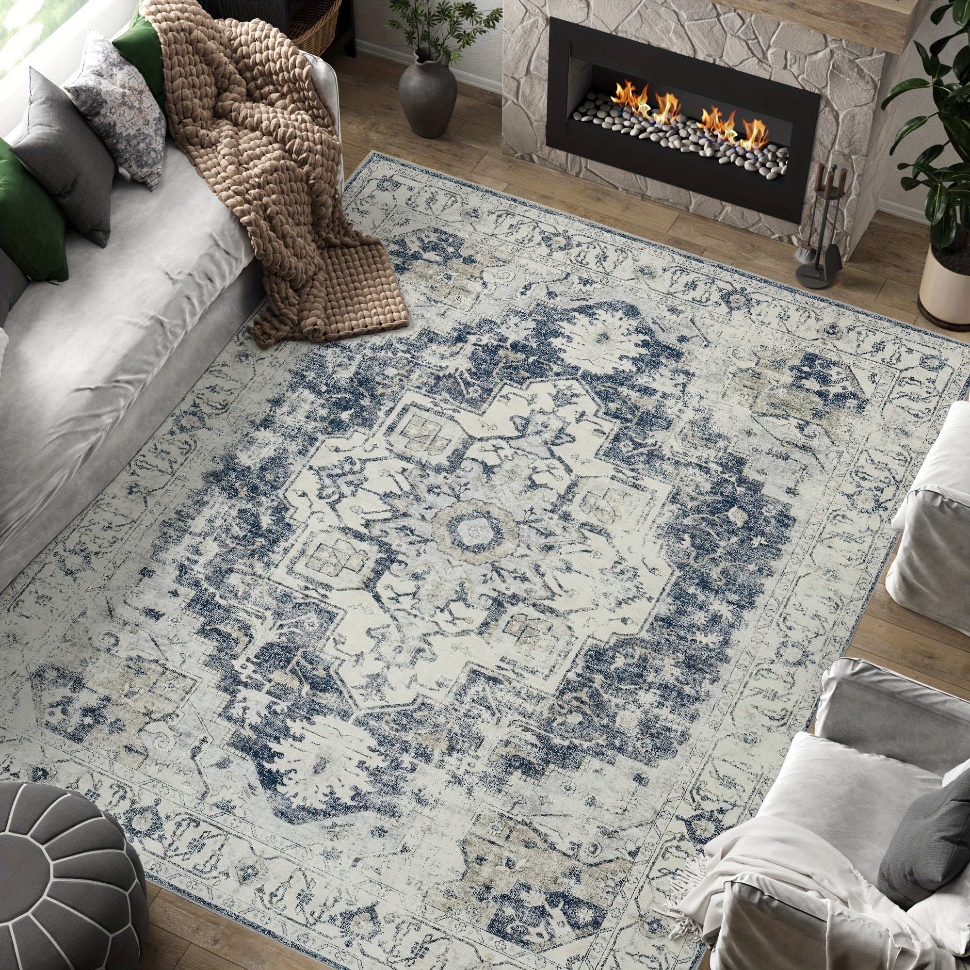 JINCHAN 8x10 Washable Vintage Floral Area Rug – Boho Retro Thin Accent Carpet for Living Room, Bedroom, Kitchen & Farmhouse, Multiple Colours | ShopVora CA