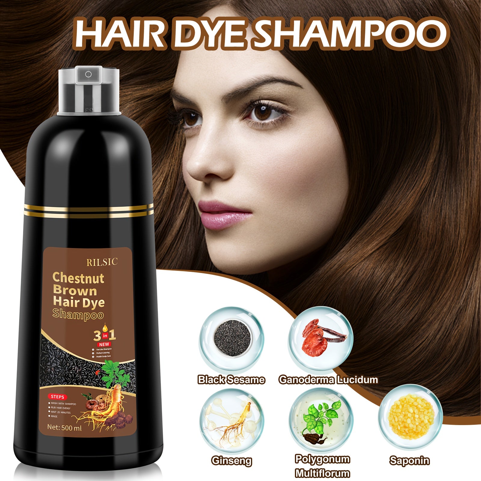Hair Dye Shampoo for Grey Hair 3-Pack - Herbal Natural 3-in-1 Instant & Long-Lasting Gray Hair Coverage Shampoo for Men & Women, Plant Squalene Formula for All Hair Types