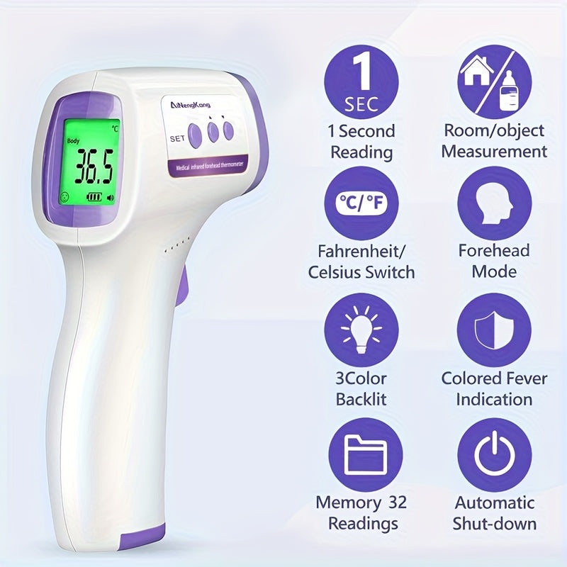 3-in-1 Infrared Forehead Thermometer with LCD Display – Touch-Free 1-Second Reading, Fever Alarm, Silent & Memory Mode, Home Travel Medical Use, Green Purple Blue
