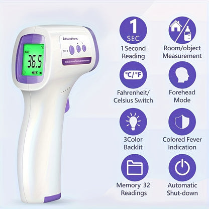 3-in-1 Infrared Forehead Thermometer with LCD Display – Touch-Free 1-Second Reading, Fever Alarm, Silent & Memory Mode, Home Travel Medical Use, Green Purple Blue