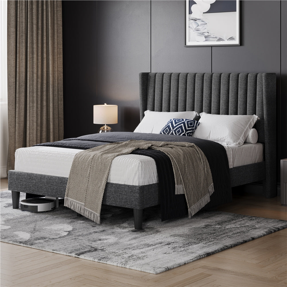 Upholstered Platform Bed Frame with Channel Tufted Headboard and Wing Side - Fabric Bed No Box Spring Needed, Wood Slat Support, 800 lb Capacity, King Queen Full, Ivory Dark Gray Black Canada