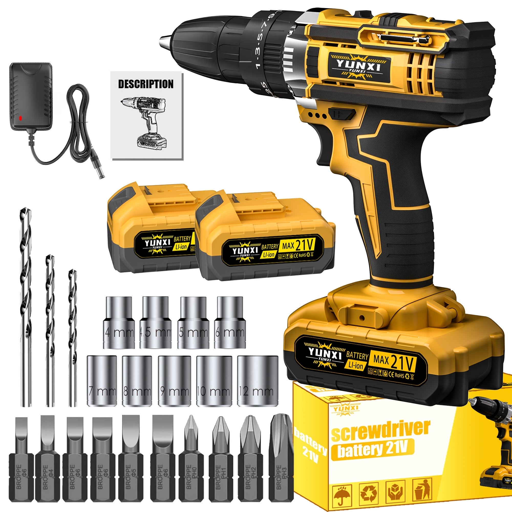 21V Cordless Drill Set with Drill Bits & Socket Accessories – Variable Speed Driver, Fast Charger & Lithium-Ion Battery, Multifunctional Power Tool Kit for Home DIY, Auto Repair & Gift for Dad