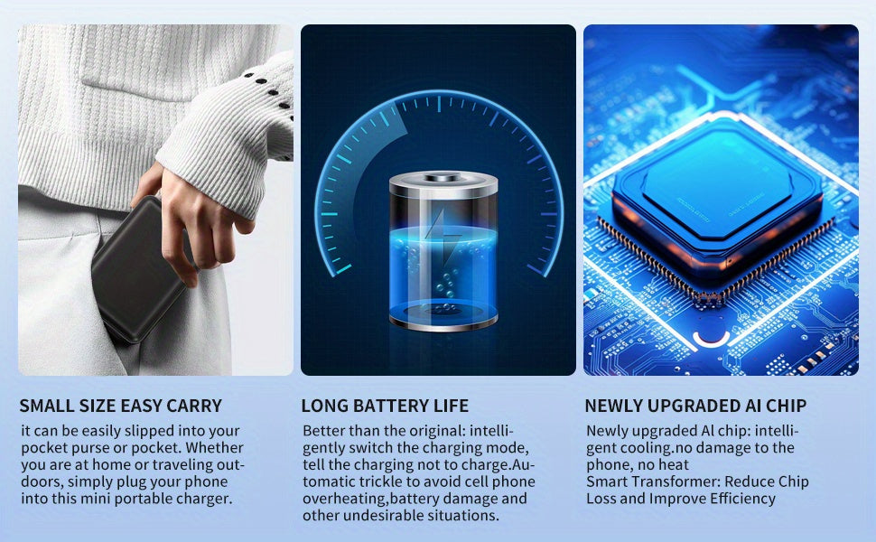 Mini magnetic wireless charging mobile power, 5000mAh portable pack with USB-C input and output, suitable for 15/ 16, Android and other devices