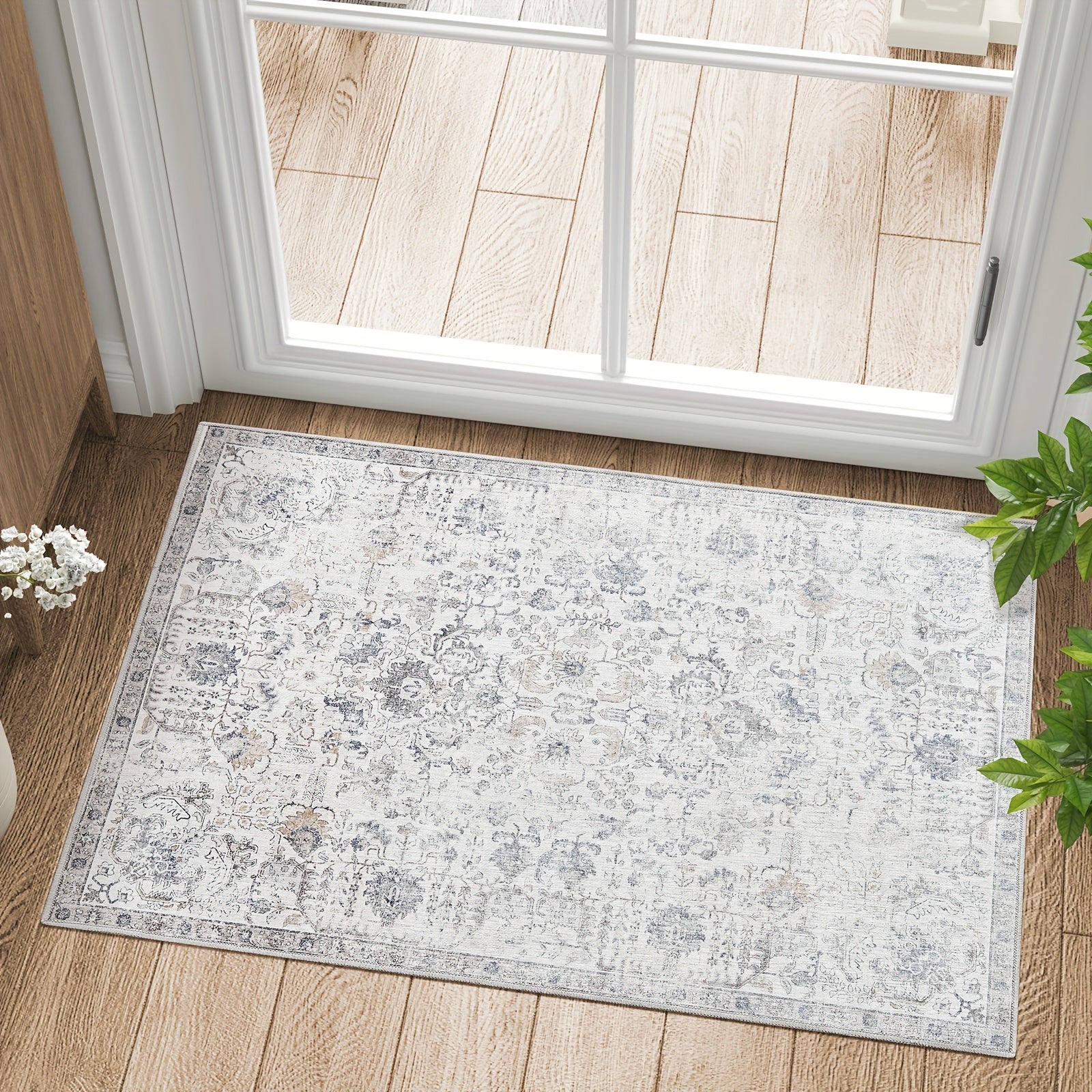 Vintage Boho Distressed Floral Area Rug – Machine Washable, Non-Slip Backing, Stain Resistant – Retro Oversized Accent Carpet for Living Room, Bedroom, Kitchen & Dining Room