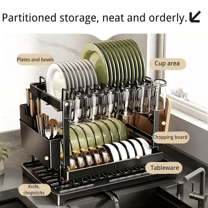 Food Service Tools And Tableware, 2-Layer Carbon Steel Dish Drainer with Drip Tray And Utensil Rack, Kitchen Counter Dish Drying Rack