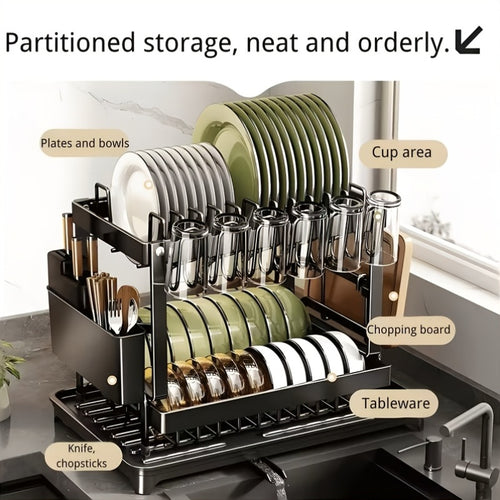 2-Layer Carbon Steel Dish Drying Rack with Drip Tray & Utensil Holder – Kitchen Counter Dish Drainer Organizer, Space-Saving Dish Rack for Canadian Homes