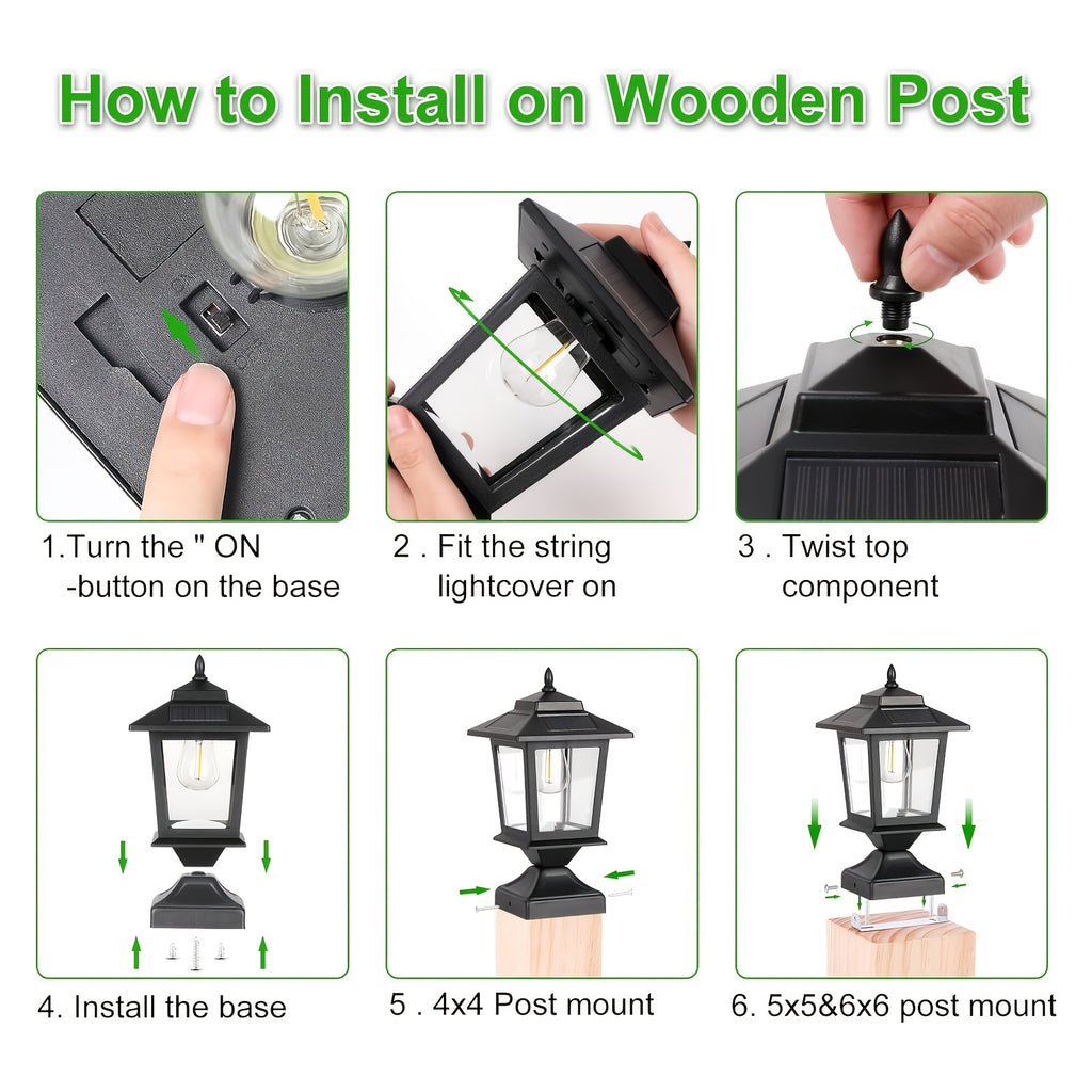 2 PACK Solar Post Cap Lights | Waterproof Outdoor Light for 4x4 Wooden Posts, Solar Lights with Glass Shade for Deck Fence Patio Post Decor, Matte Black - HOODINK