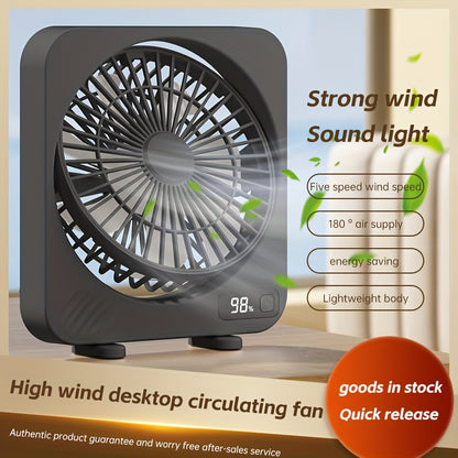Desktop USB Fan 5-Speed with LED Battery Display, 180° Tilt Adjustment, Quiet Portable Table Fan for Home Office Bedroom Desk – Rechargeable, Black