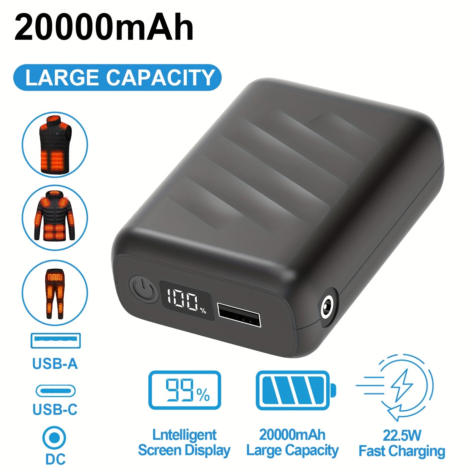 20000mAh Battery Pack for Heated Vest 5V 7.4V DC USB Type-C LED Display 22.5W Fast Charging Power Bank for Heated Jacket Pants Smartphones Tablets - Canada
