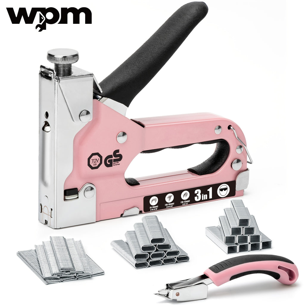 WPM Heavy Duty Staple Gun, a Versatile 3-In-1 Upholstery Kit That Includes 3000 Staples, a Staple Remover, And a Manual Brad Nailer Featuring a Specific Outlet Position Indicator for Staples