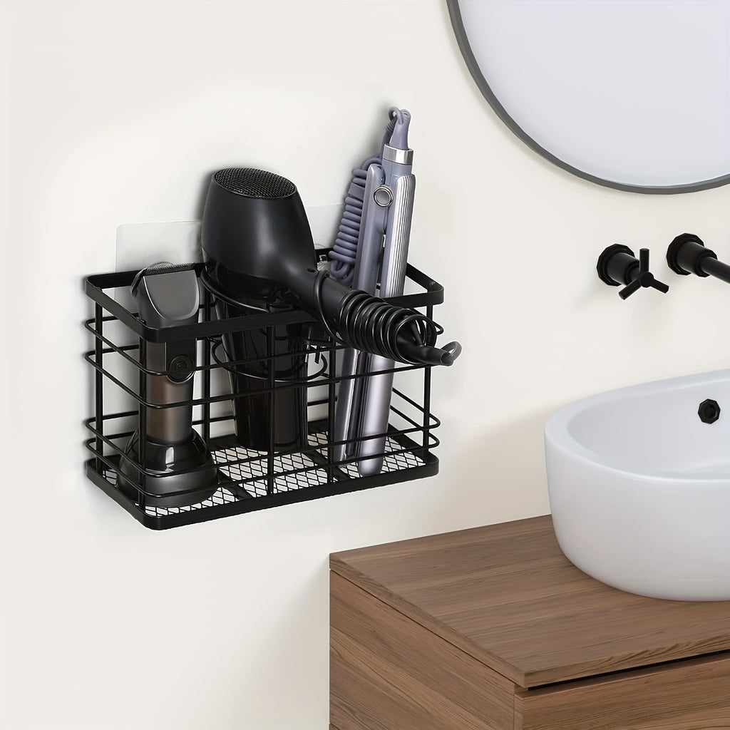 Wall-Mounted Hair Dryer Holder with Non-Adhesive Stickers - Black Plastic, Space-Saving Organizer for Bathroom, Includes Clamp for Secure Installation, Features a Easy-Access Slot for Styling Tools, Shelves