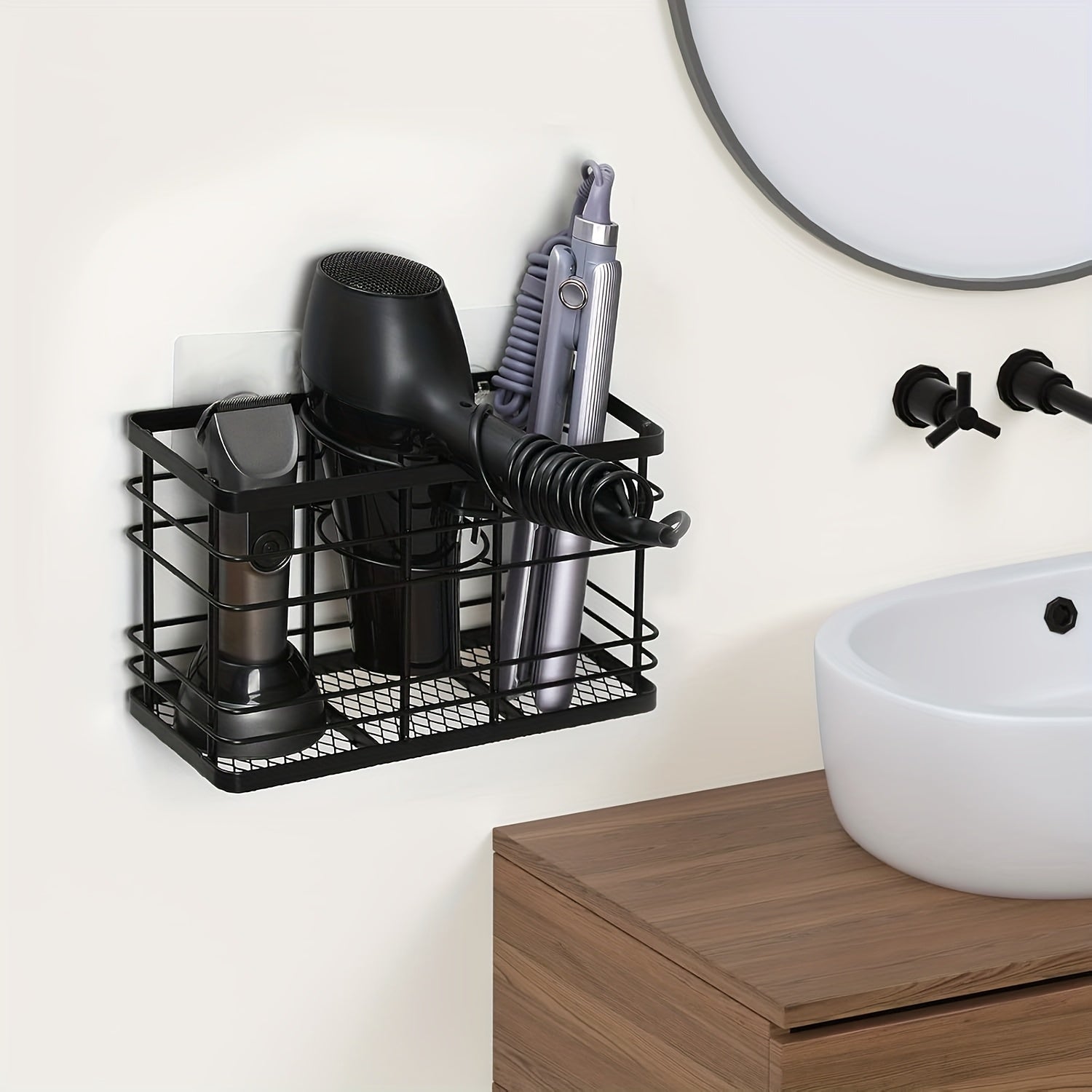 Wall-Mounted Hair Dryer Holder with Non-Adhesive Stickers - Black Plastic, Space-Saving Organizer for Bathroom, Includes Clamp for Secure Installation, Features a Easy-Access Slot for Styling Tools, Shelves