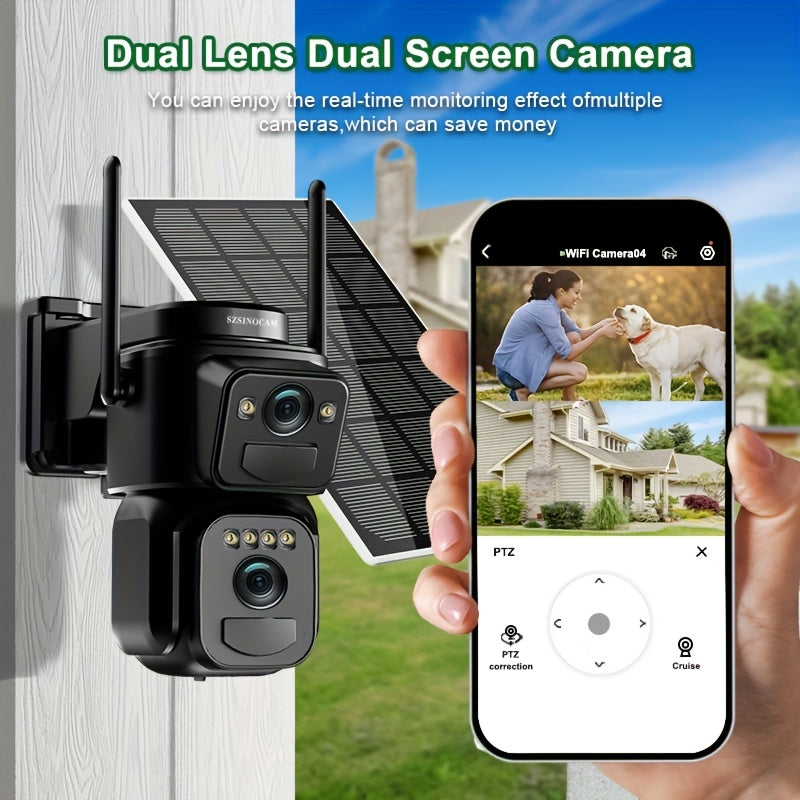1pc [8X Zoom] CCTV, 2.4G & 5G Smart Solar Security Wifi Camera, 9000Mah Long-Lasting Battery 365 Days Standby, Dual HD Lens Automatic Human Tracking PTZ -360° Coverage, 2-Way Audio, Night Vision, Usb/Type-C, BT Connectivity