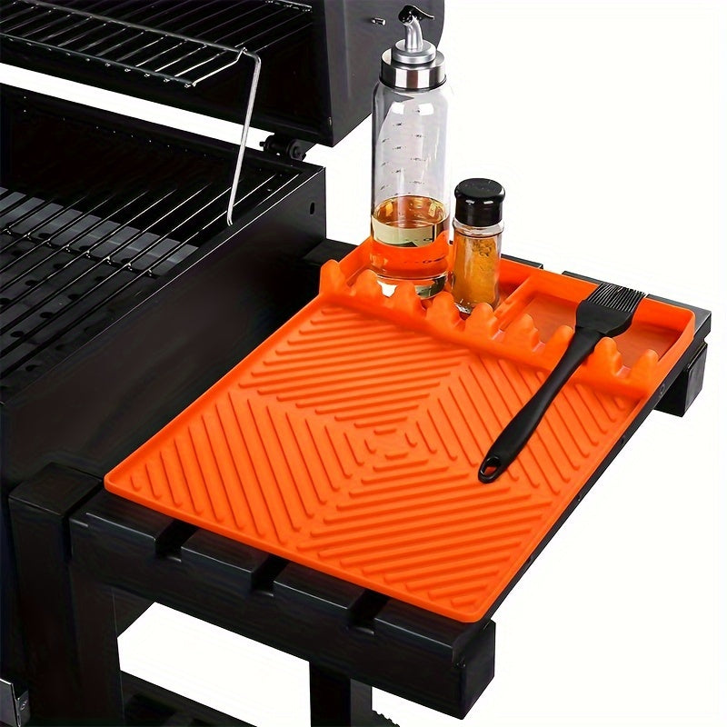 Silicone Grill Mat & Spatula Pad – Heat-Resistant Non-Slip Utensil Holder with Drip Tray for Blackstone Griddle, Outdoor BBQ & Kitchen Counter, 16x11.5", Dishwasher Safe, Orange, 1-Pack 2-Pack