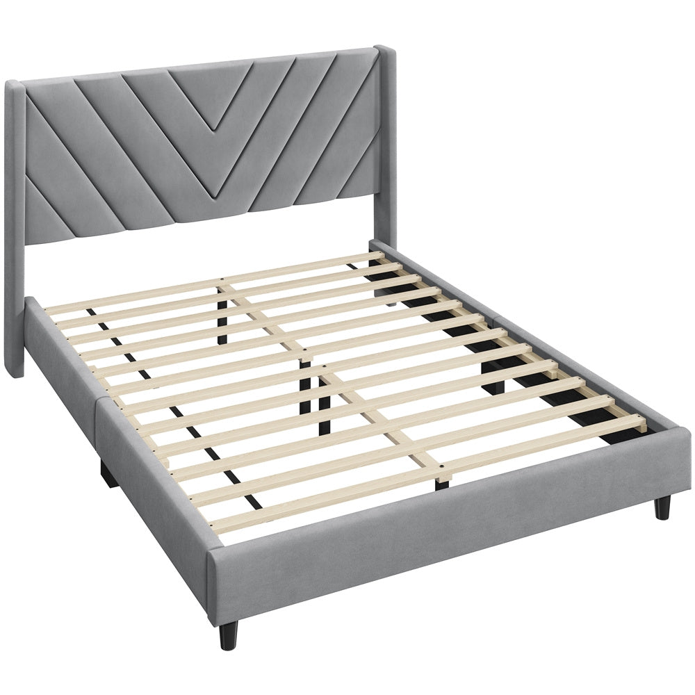 ALDEN DESIGN Upholstered Platform Bed,Upholstered Platform Bed with Wing Edge, Bed Frame with Wooden Support Slats, Upholstered Platform Bed with Tufted Headboard, Upholstered Bed with Headboard, Queen/Full,Beige/Dark Gray/Light Gray/Pink