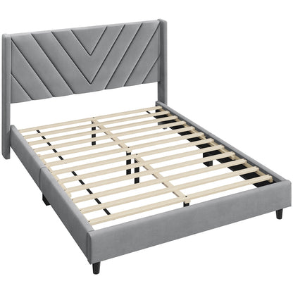 Upholstered Platform Bed with Tufted Headboard Wing Edge Wooden Slats Queen Full Bed Frame 800lb Capacity Beige Dark Gray Light Gray Pink - Canada