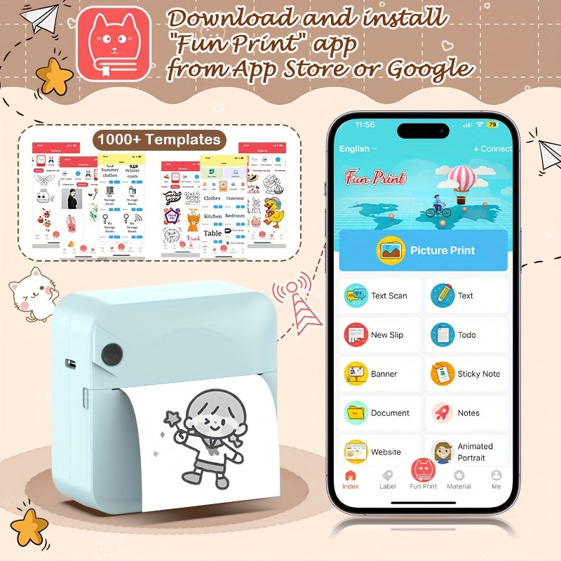 Ink Free Sticker Printer Mini Thermal Printer with 1 Roll Of Thermal Paper, Wireless Pocket Printer, Intelligent Portable Receipt Printer, Suitable for Photos, Diaries, Notes, And Memos