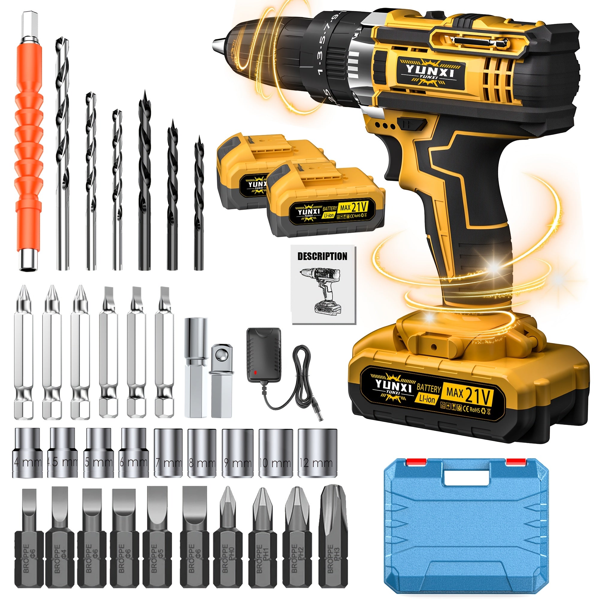 Drill Cordless Set, 21V Variable Speed Cordless Drill Driver with Fast Charger & Lithium-Ion Battery, Multifunctional Screwdriver with Drill Bits & Socket Accessories, Father's Day Gift for Home DIY & Auto Repair