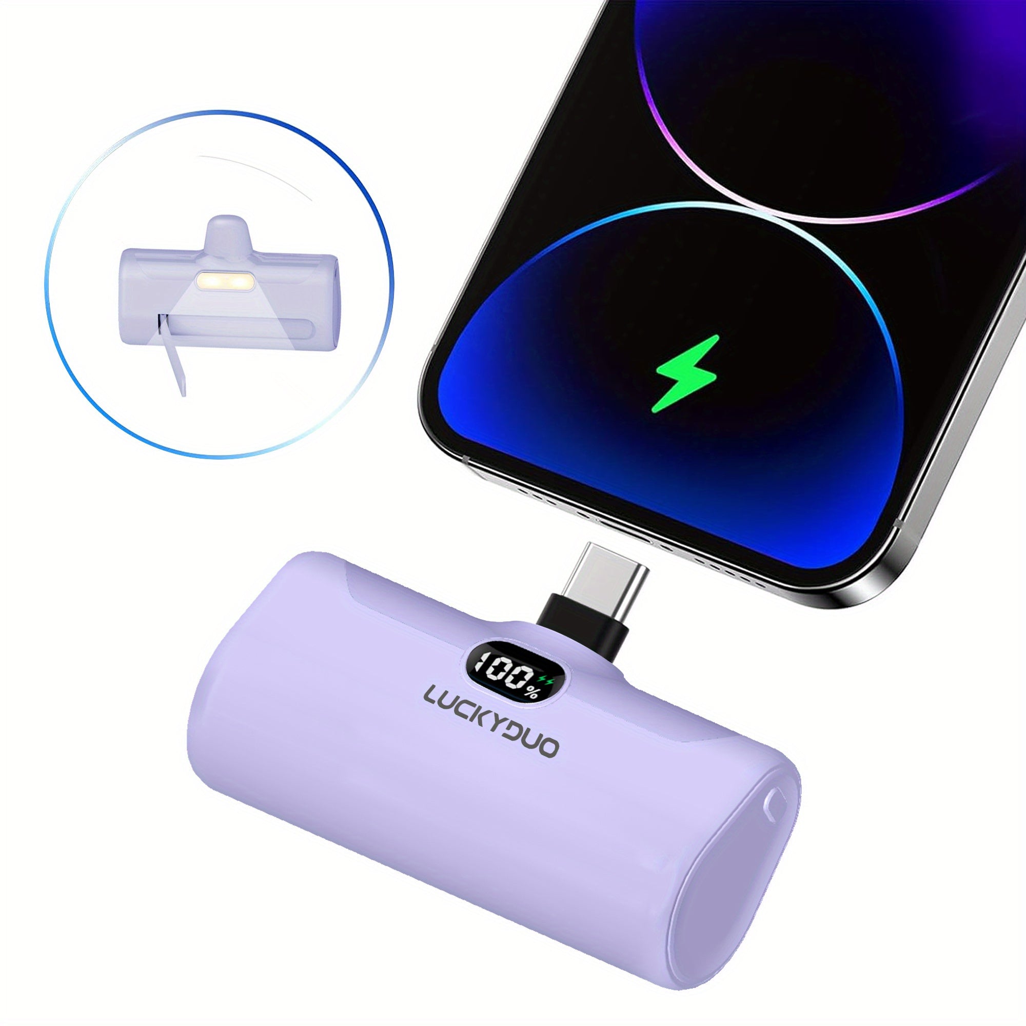 USB-C Portable Charger for Travel, 5000Mah Type-C Portable Phone Charger with Fast Charging (15W), Mini Battery Pack with Stand And LED Light for Iphone 15/16/For Samsung