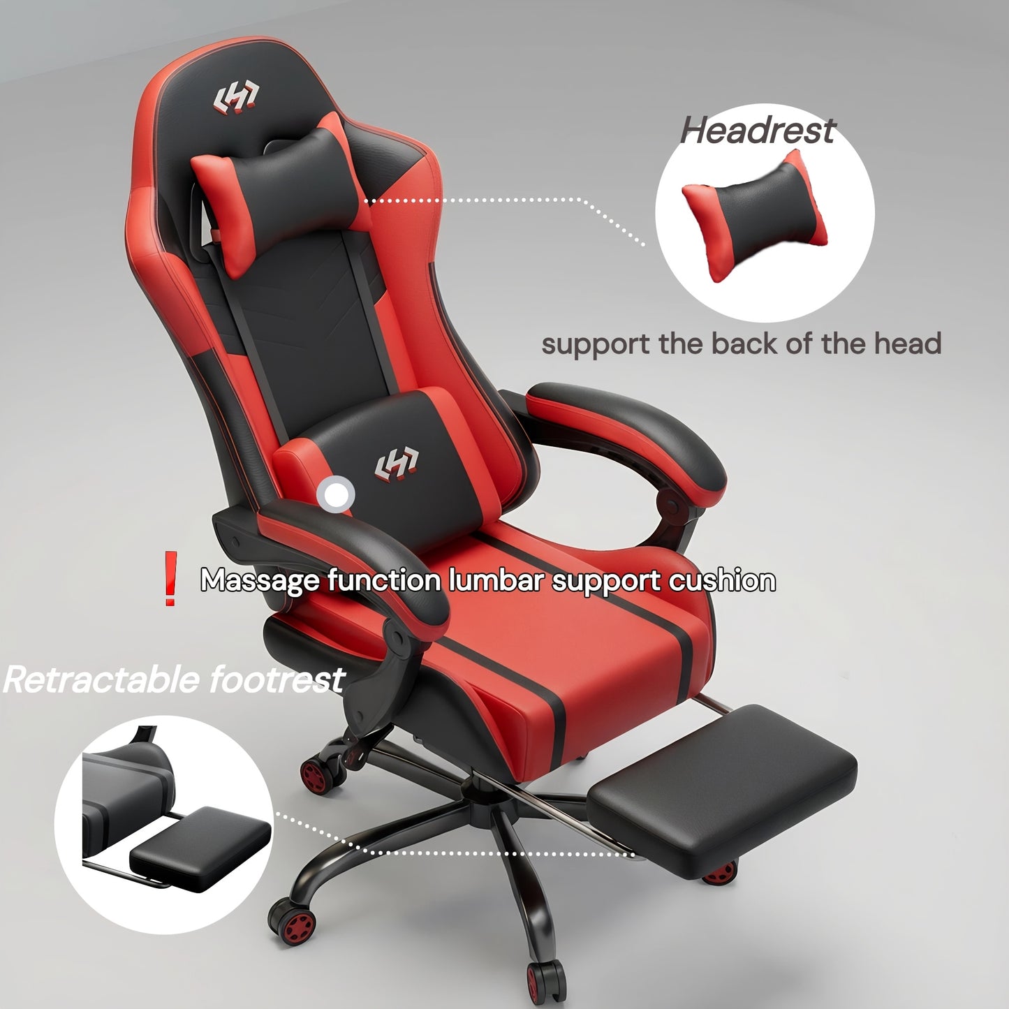 Ergonomic Gaming Chair with Pocket Spring Cushion and Massage Lumbar Support - Height Adjustable PU Leather Computer Chair, Memory Foam Headrest, Reclining Backrest, Footrest, 330 lb Capacity Canada