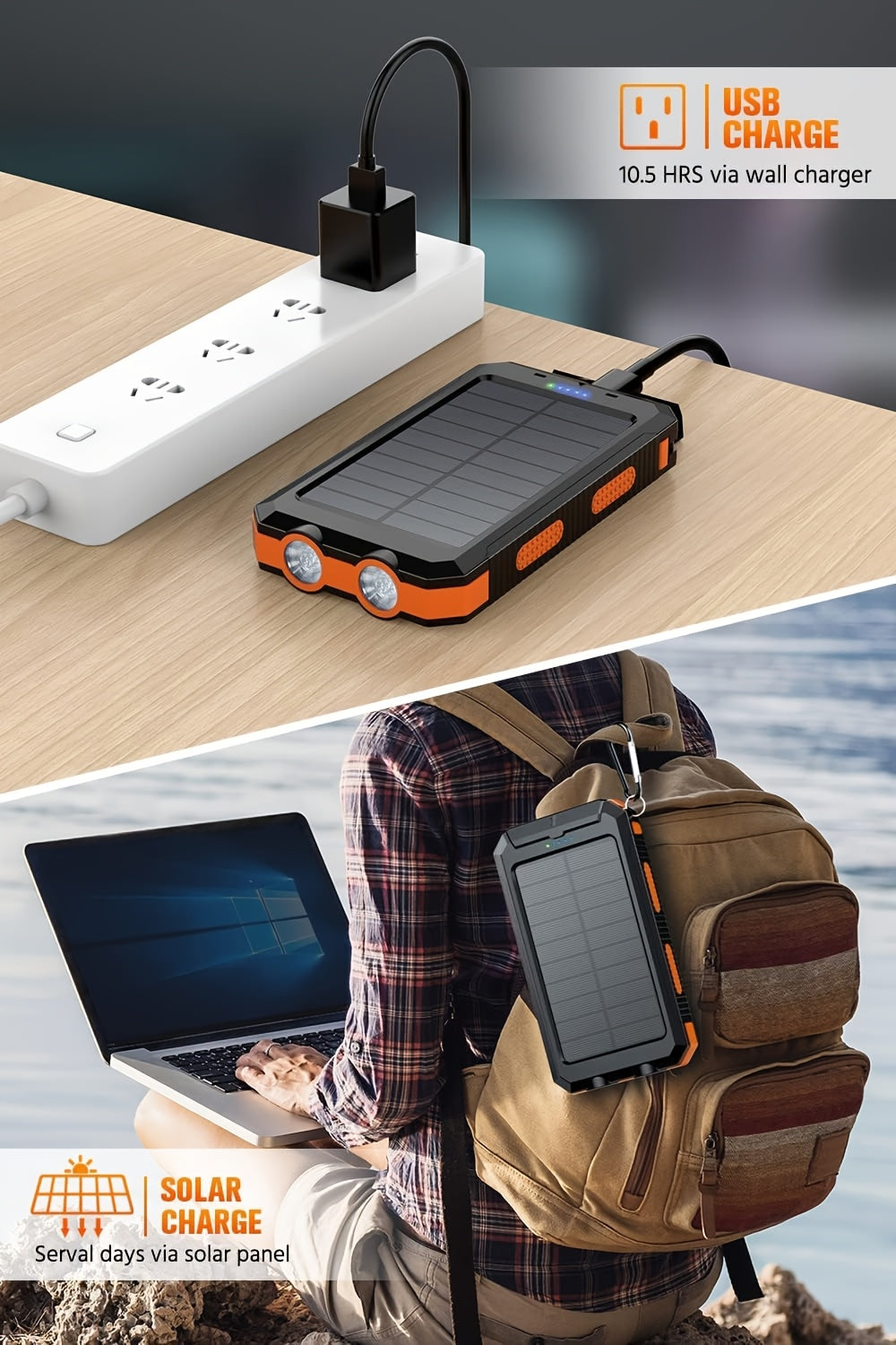 Solar Charger, 10000mAh Solar Power Bank, External Backup Battery Pack With USB C Input/output/LED Flashlight, Compatible With Samsung, IPad, Suitable For Outdoor And Camping Quick Charger With Dual USB Ports, Built-in LED And Compass