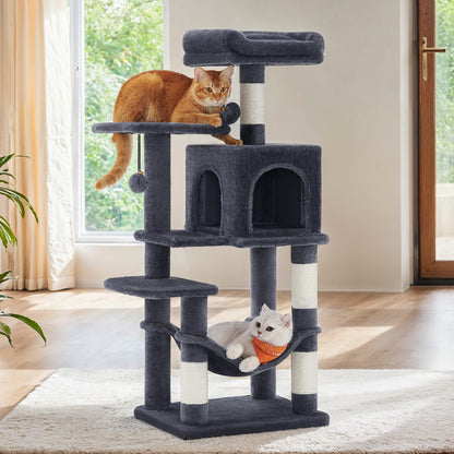 Cat Tree 44-Inch Multi-Level Cat Tower for Indoor Cats – Cat Condo with Scratching Posts, Perches, Hammock & Cave, Plush Smoky Gray, Fits Up to 4 Cats