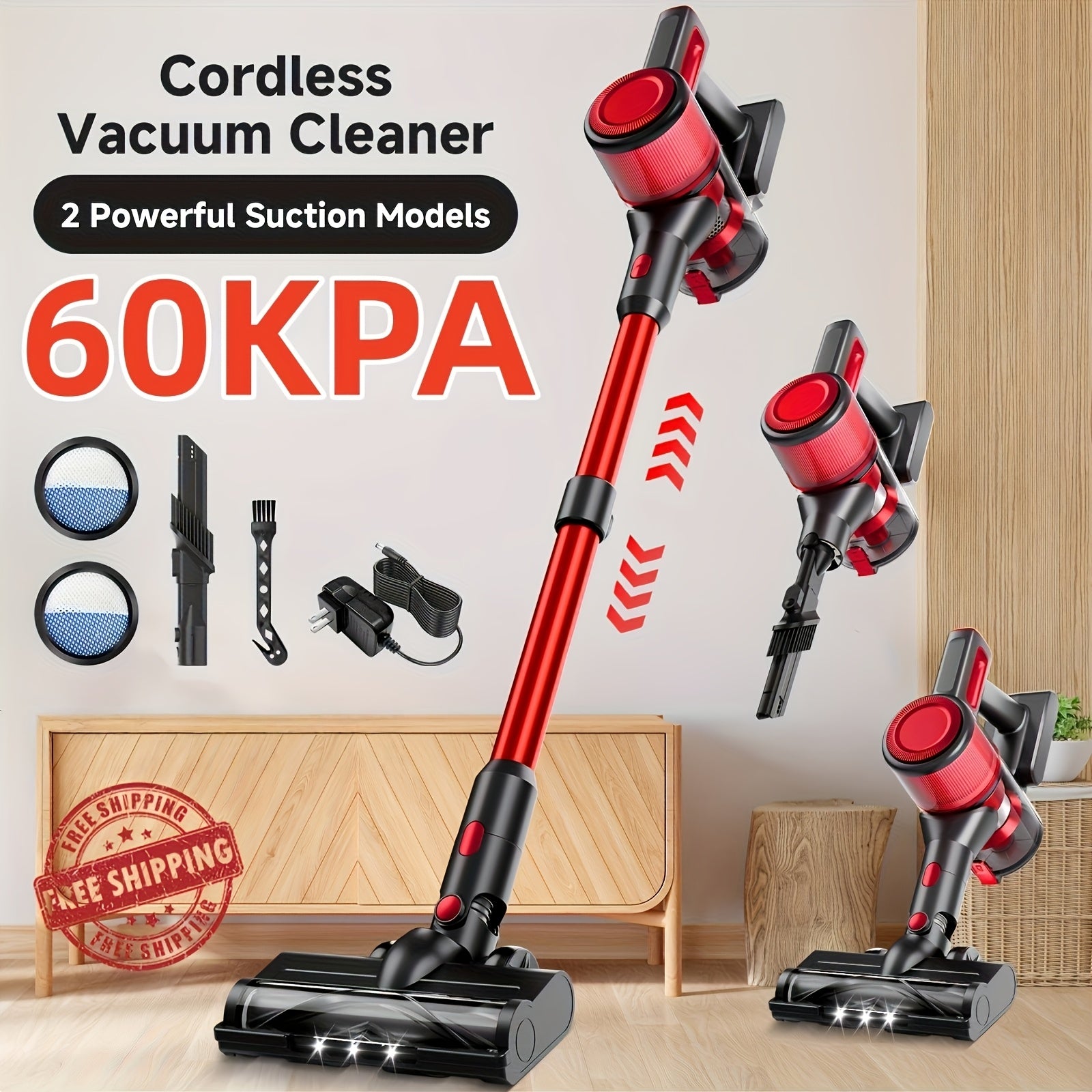 Powerful Vacuum Cleaner Max60Kpa Powerful Stick Vacuum, Rechargeable Battery, Vacuum Cleaners for Home Anti-Tangled Lightweight Handheld for Hardwood Floor, Carpets, Pet Hair Includes Corded And Cordless Vacuum Cleaners