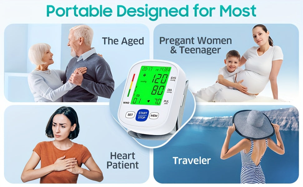 Wrist Blood Pressure Monitor – Portable Automatic Home BP Machine, Dual User Mode, 99 Memory, Color-Coded Backlit Display, One-Touch Reading, USB/Battery, Adjustable Cuff