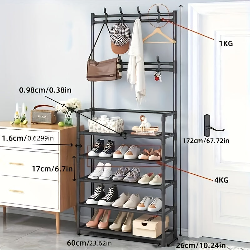 5-Tier Shoe Rack with Clothes Hanger & 8 Double Hooks 172cm – Multi-Functional Entryway Storage Rack for Living Room Bathroom Hallway, Self-Assembly