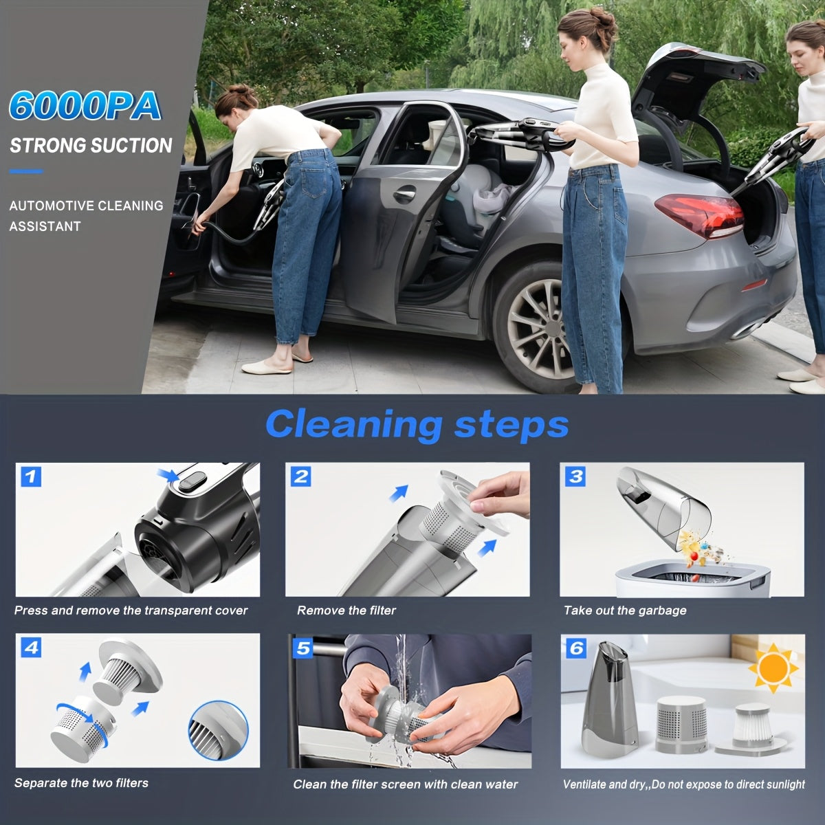 Car Vacuum Cleaner, 6000PA Super Strong Suction Power Handheld Vacuum Cleaner, 2000Mah, Low Noise, with Five Matching Additions, Suitable for Car Interior, Home And Pet Cleaning, Ladies' Car Additions Pink Girl Car Supplies Gift