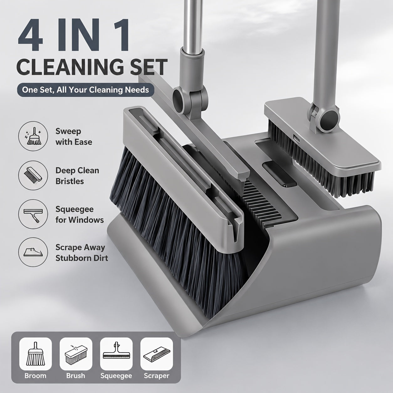 Broom and Dustpan set,4 In1 Broom Floor Brush And Dustpan, Thickened Sweeping Broom, Scrub Brush And Dustpan With Long Handle, Non-stick Hair Floor Cleaning Tool, For Home Office School Dorm, Cleaning Supplies, Household Cleaning Gadgets