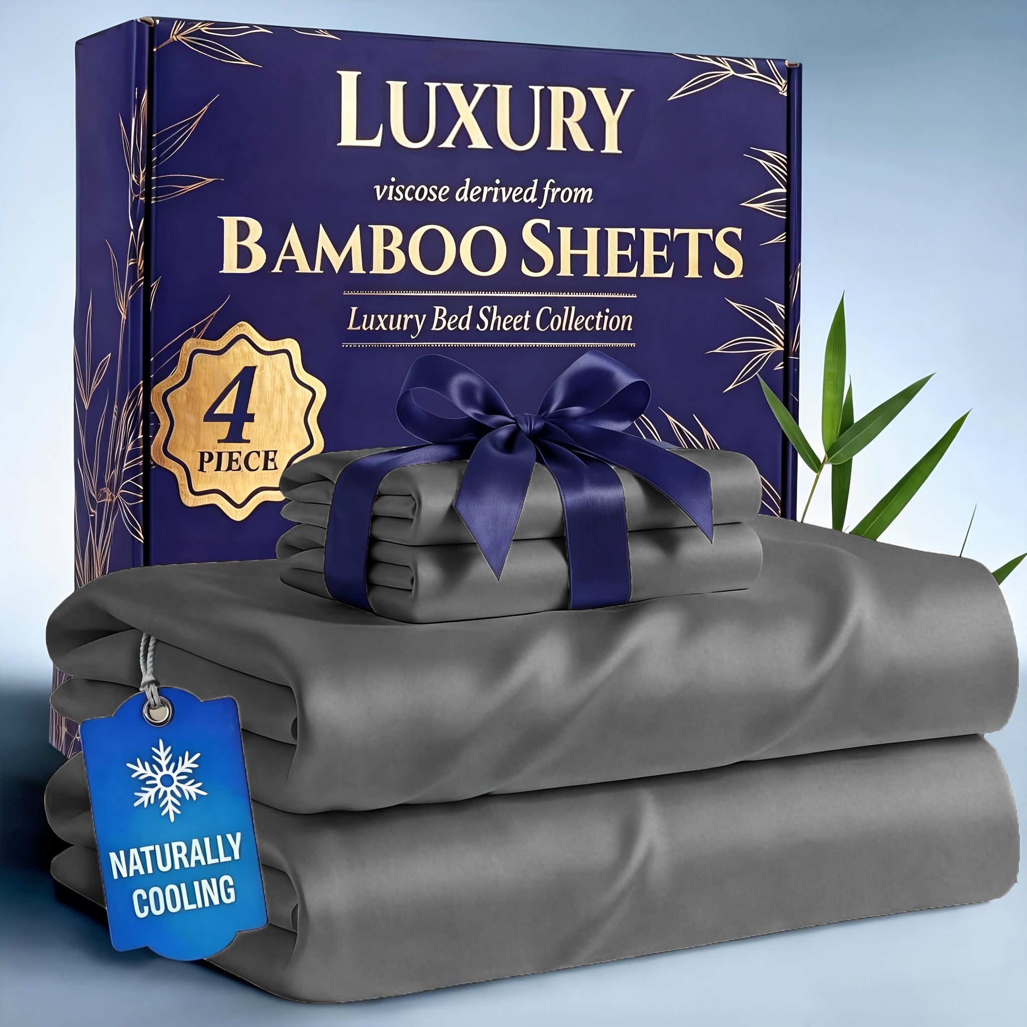 Bamboo Cooling Bed Sheets Set 4-Piece – Soft Lightweight Breathable Deep Pocket 16" Fitted Sheet for Hot Sleepers, Flat Sheet & 2 Pillowcases for Bedroom Kids Room