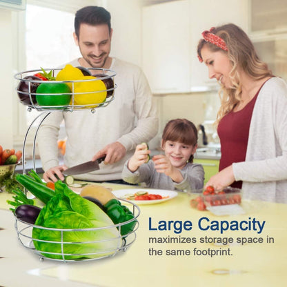 Tiered Fruit Basket Bowl with Banana Hanger – Countertop Fruit & Vegetable Storage, Chrome Wire Organizer, 3-Raised Feet, Classic Ironwork Kitchen Decor | ShopVora CA